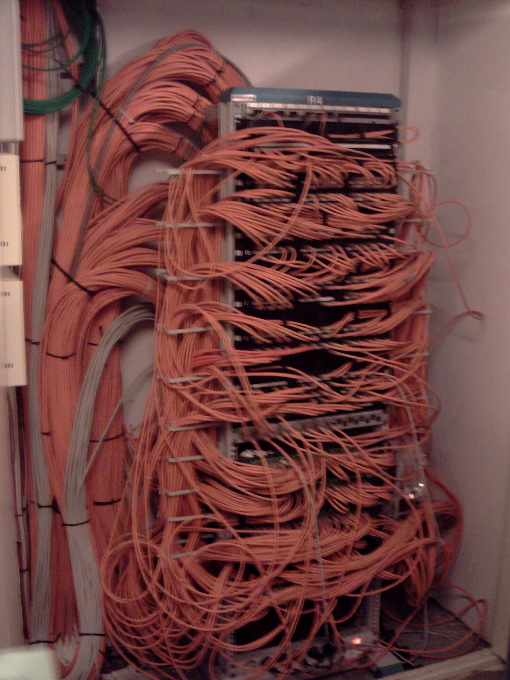 Network cables and hardware in a rack with network switches